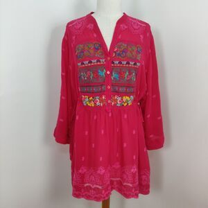 Johnny Was Fuchsia Embroidered Tunic with Multicolor Floral Panels